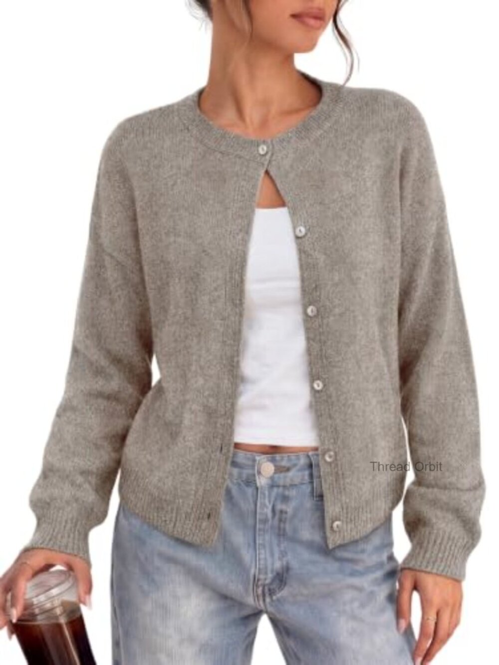 Women's Crew Neck Button Down Cardigan Sweater Oversized Relaxed Fit